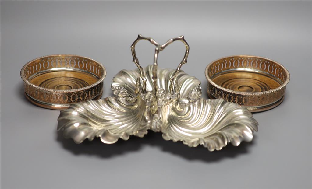 A pair of Sheffield silver plated wine coasters and plated hors doevres